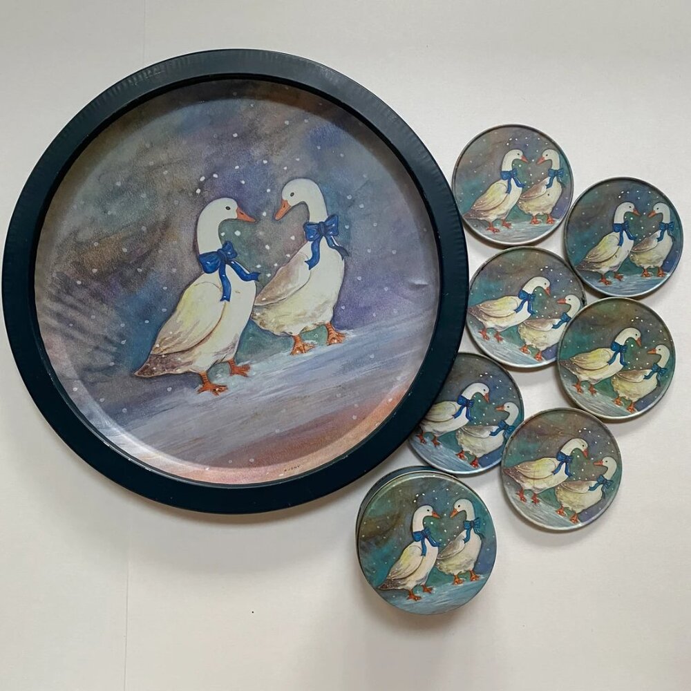 Ribbon Geese Coaters and Serving Tray 1990s Home Kitchen Decor Cottage Core